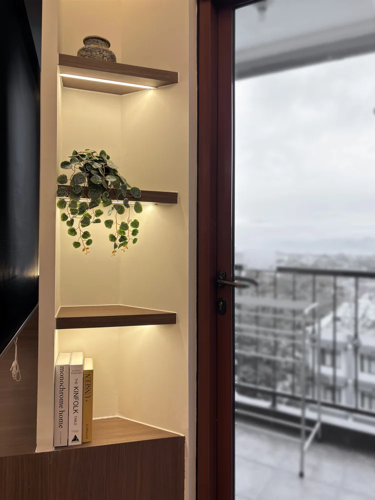 Aoyama: Rak kayu dengan tanaman di sebelah pintu ke balkon kecil.