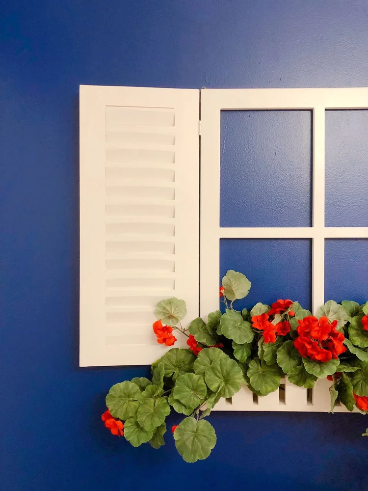 Amsterdam: Jendela berdaun ala Belanda dengan geranium merah, detail kecil yang membuat temanya terasa.